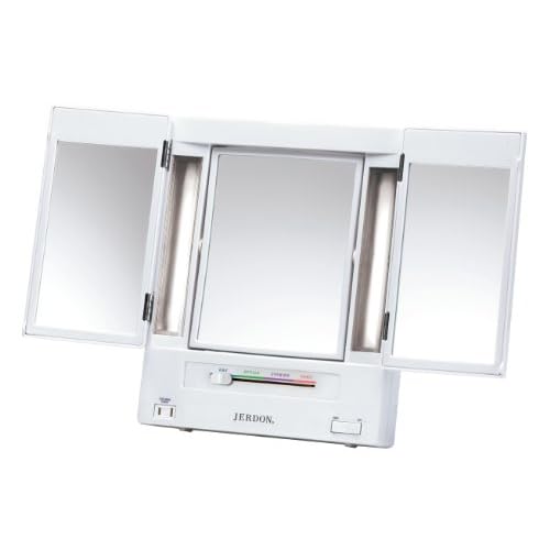 Jerdon JGL9W Tabletop Tri-Fold Two-Sided Lighted Makeup Mirror with 5x Magnification and 4-Light Settings, White... image